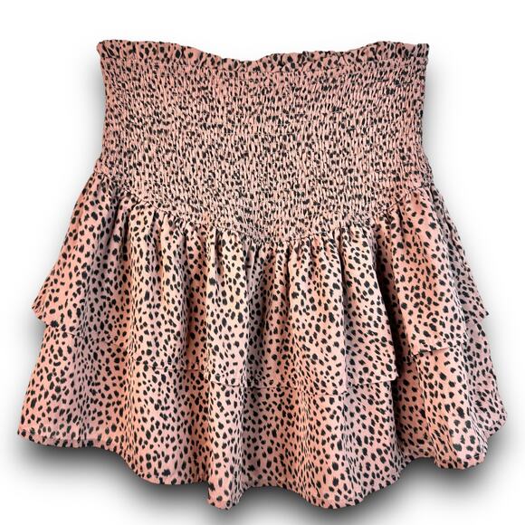 L Love High Waisted Ruffle Mini Skirt Smocked Waist Dusty Pink Black Spots Small - Picture 1 of 5